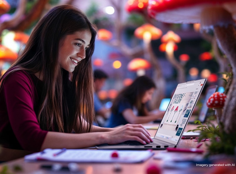 一位年輕女性在演講廳內，周圍環繞著蘑菇，正在 IdeaPad Pro 5i 筆記型電腦上打字。