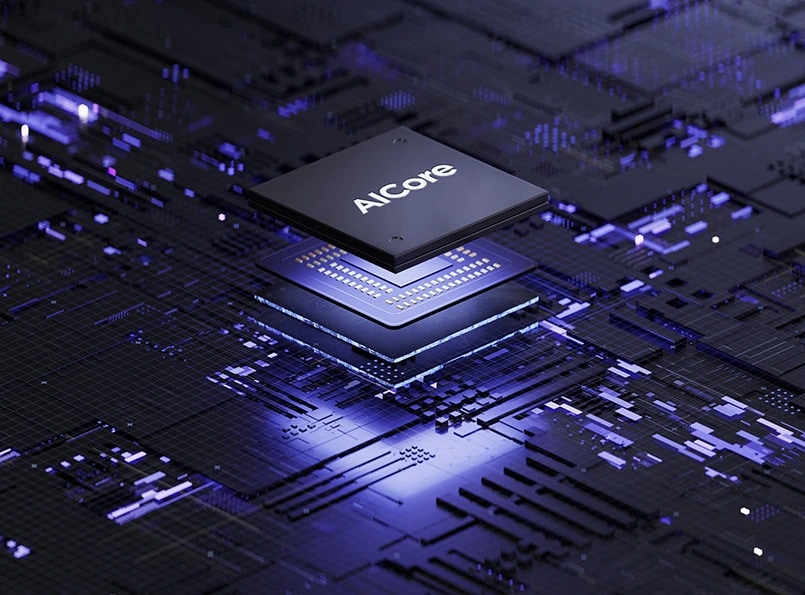 Yoga laptop 的內部相片，聚焦 AI Core 晶片。