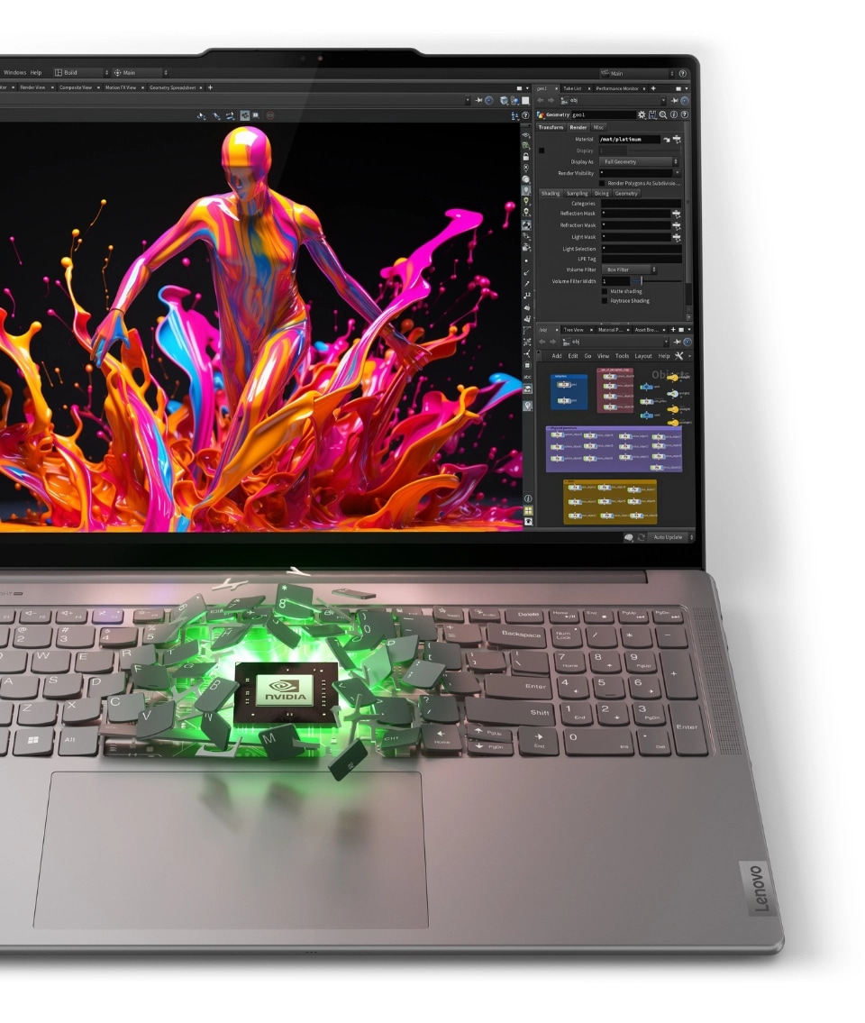打開的 Yoga Pro 9i Gen 9 (16 吋 Intel)，鍵盤上的 NVIDIA 品牌晶片閃爍著