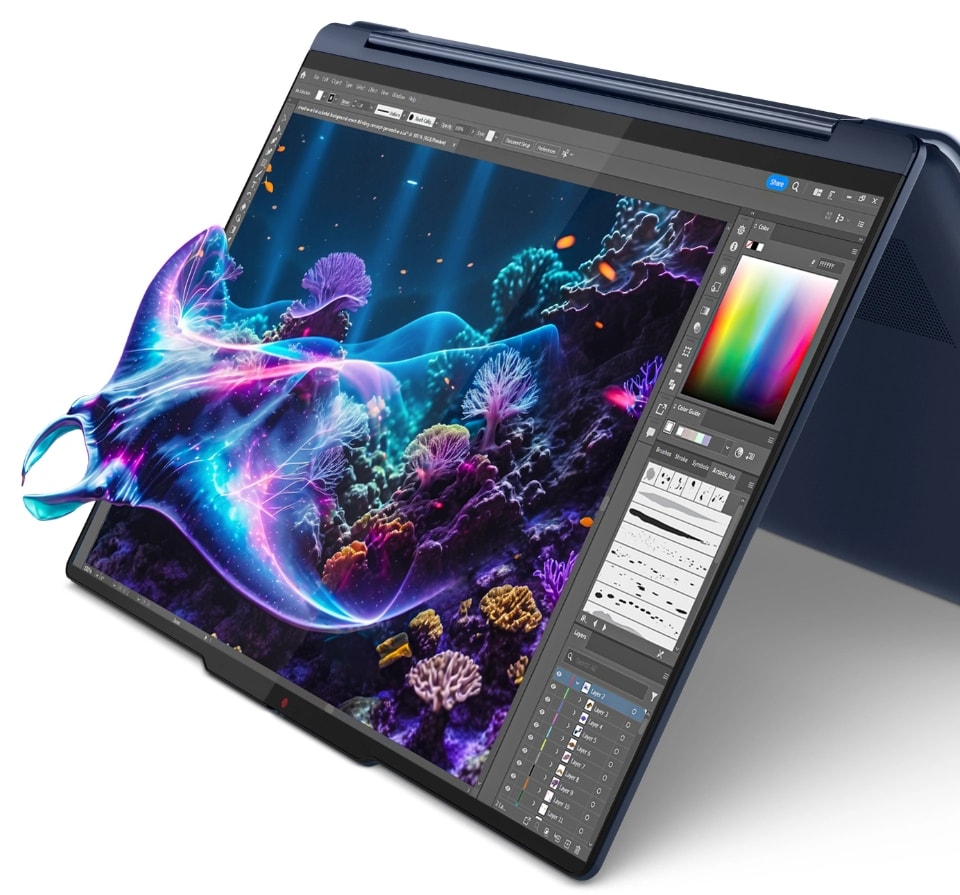Lenovo Yoga 2-in-1，螢幕上浮現出一隻水生生物。