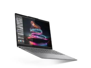 Lenovo Yoga Pro 7i Gen 9 (14 吋 Intel) 的左側視圖，螢幕上顯示了一束旋轉的光線
